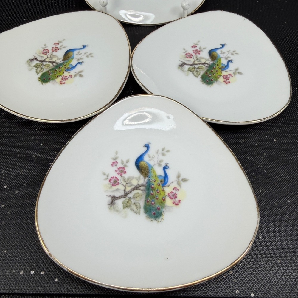 Cerpac Peru Peacock Porcelain Plate Dish Set 4 Triangular Gold Rim Butter Pat - Picture 4 of 10